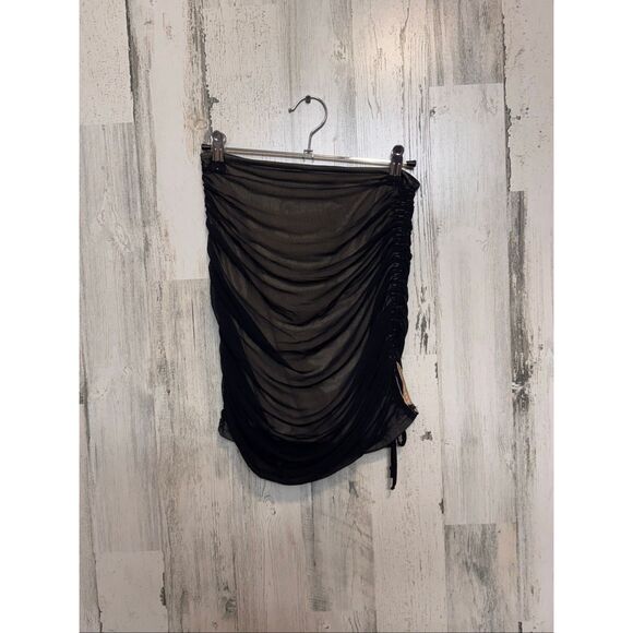 Privy Windsor Black Mesh Ruched Mini Skirt | Sheer Overlay Nude Lining Bodycon S - Picture 2 of 10
